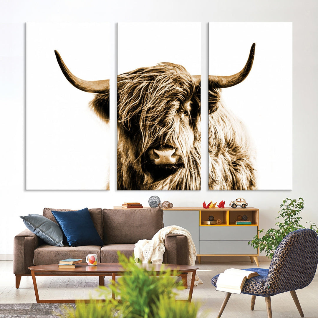 Sephia Highland Cow Canvas Wall Art Farmhouse Decor Cow Black White Print Rustic Wall Decor Animals Painting Scottish Cow Wall Art