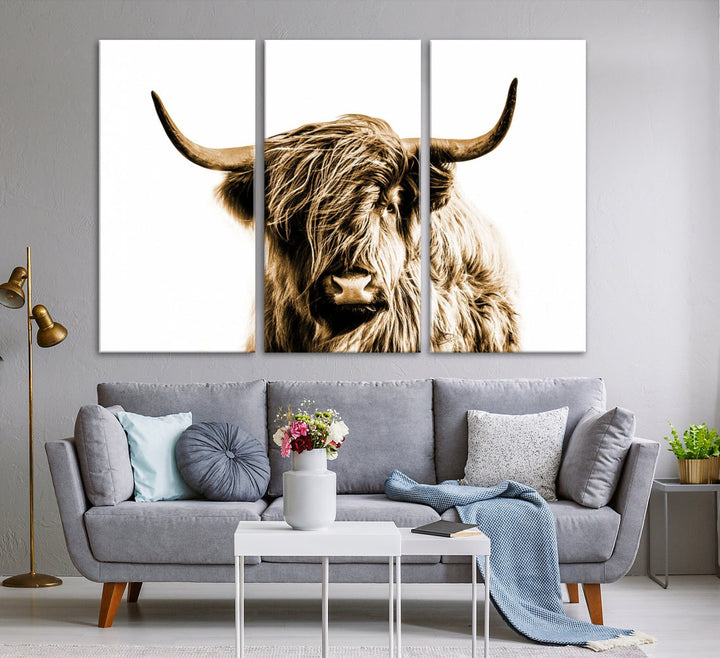 Sephia Highland Cow Canvas Wall Art Farmhouse Decor Cow Black White Print Rustic Wall Decor Animals Painting Scottish Cow Wall Art