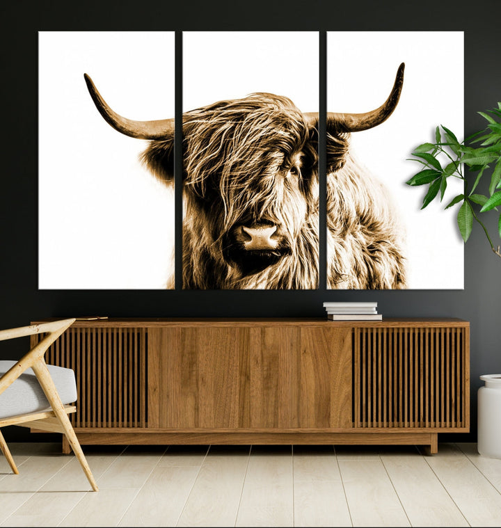 Sephia Highland Cow Canvas Wall Art Farmhouse Decor Cow Black White Print Rustic Wall Decor Animals Painting Scottish Cow Wall Art