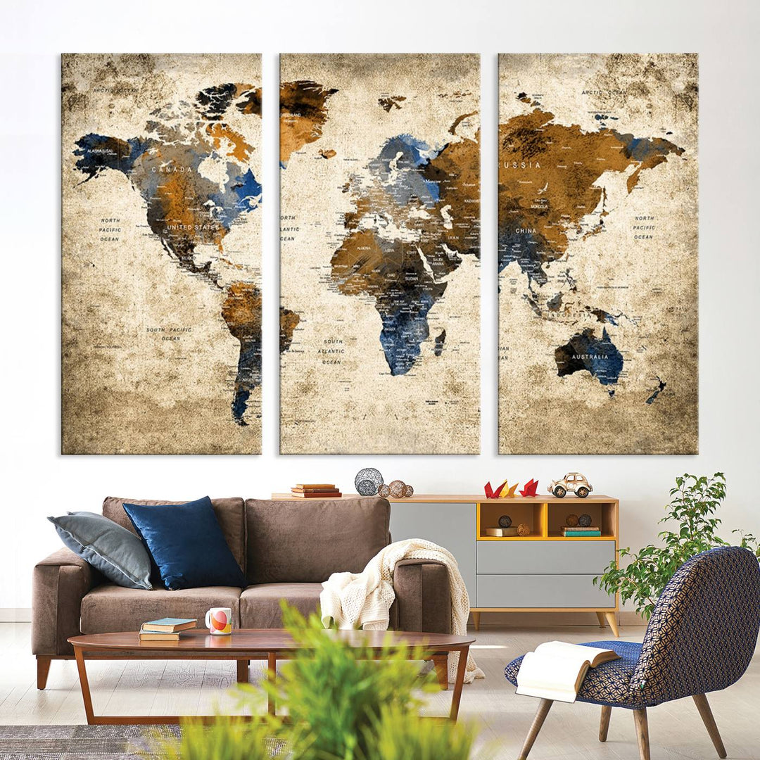 Sephia World Map Wall Art Multi Panel X-Large Canvas Print for Home Decor