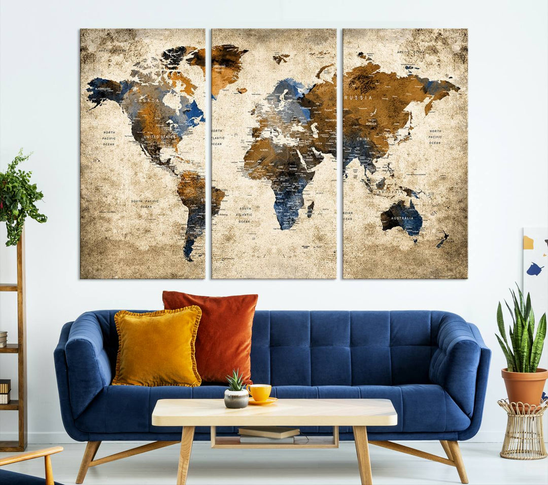 Sephia World Map Wall Art Multi Panel X-Large Canvas Print for Home Decor