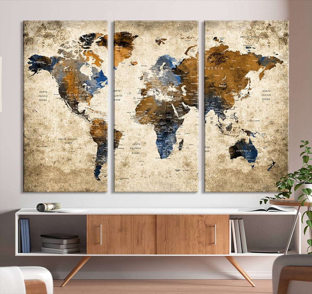 Sephia World Map Wall Art Multi Panel X-Large Canvas Print for Home Decor