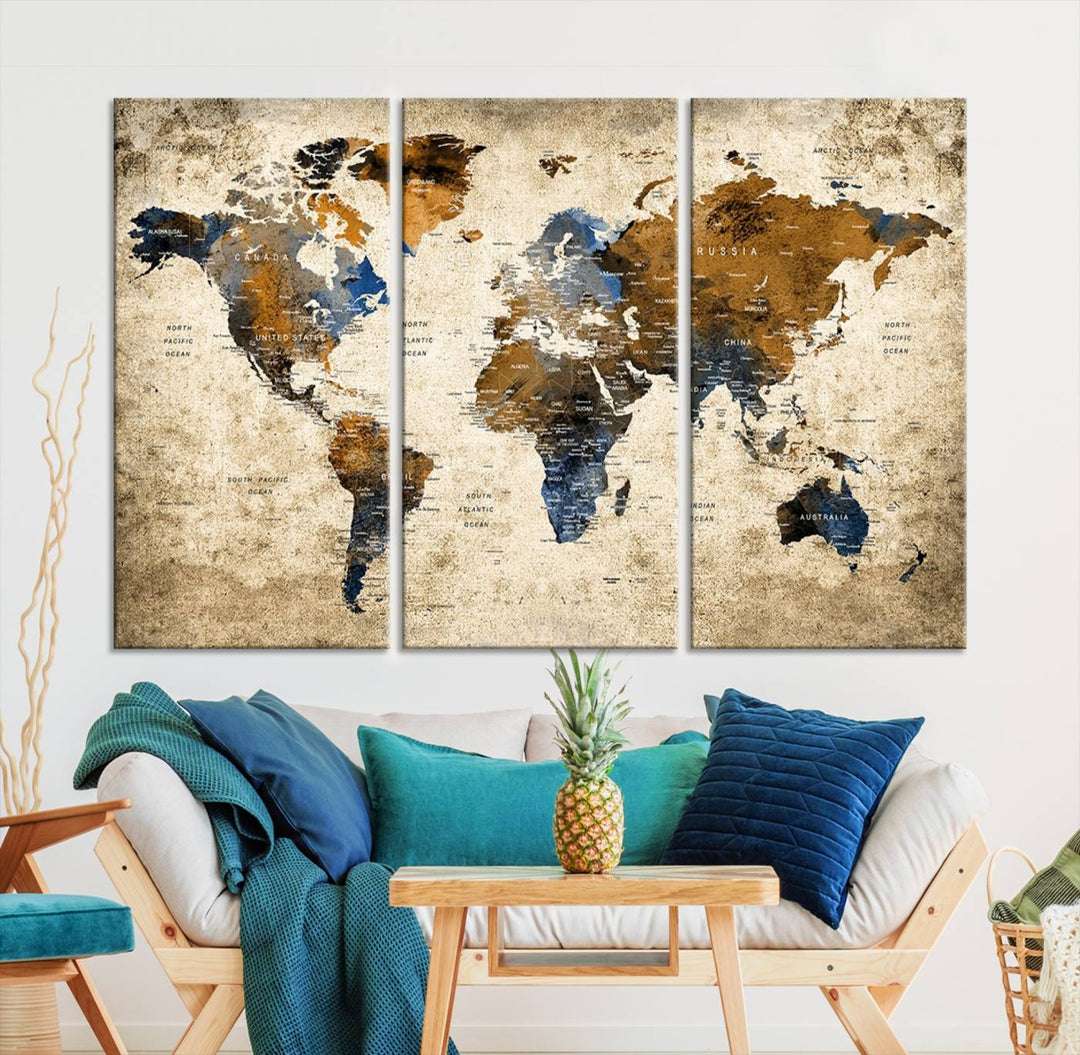 Sephia World Map Wall Art Multi Panel X-Large Canvas Print for Home Decor