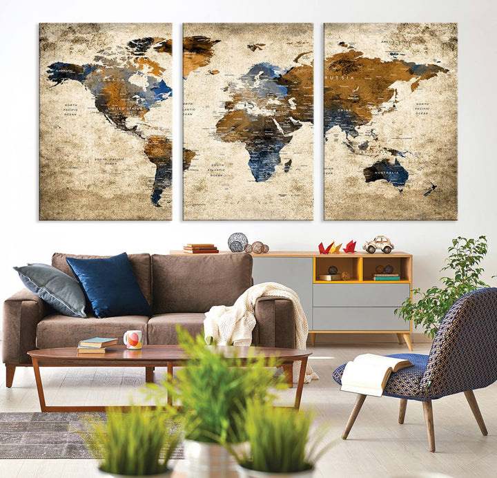 Sephia World Map Wall Art Multi Panel X-Large Canvas Print for Home Decor