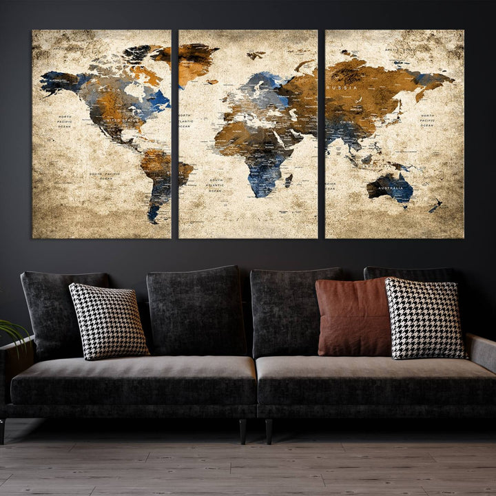 Sephia World Map Wall Art Multi Panel X-Large Canvas Print for Home Decor