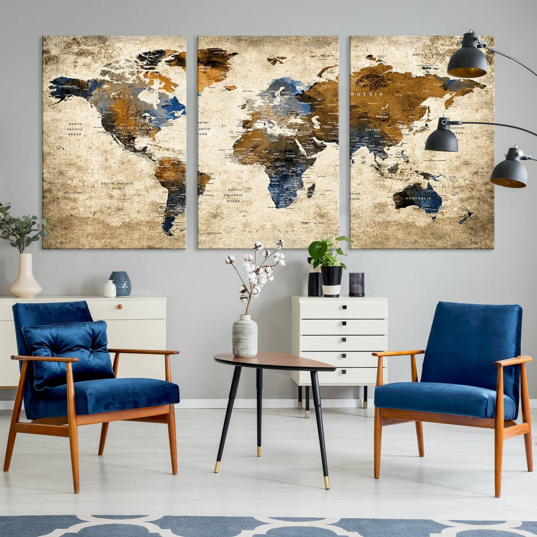 Sephia World Map Wall Art Multi Panel X-Large Canvas Print for Home Decor