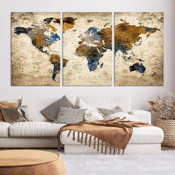 Sephia World Map Wall Art Multi Panel X-Large Canvas Print for Home Decor