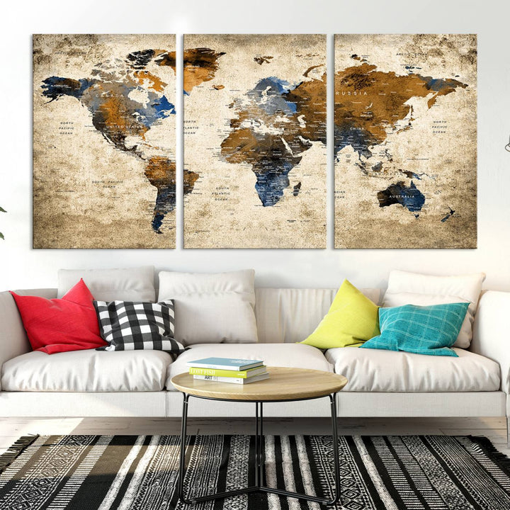 Sephia World Map Wall Art Multi Panel X-Large Canvas Print for Home Decor