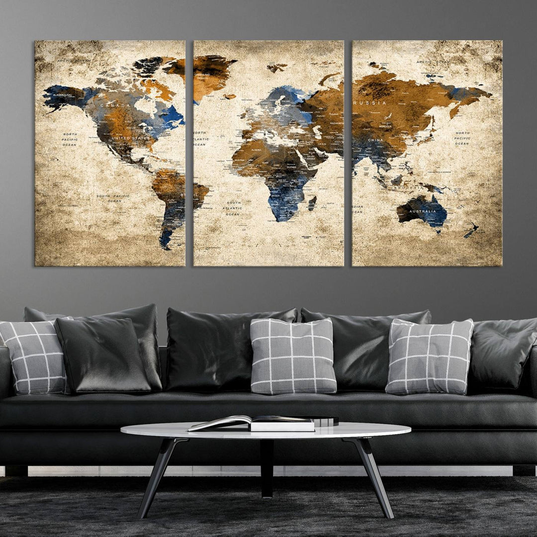 Sephia World Map Wall Art Multi Panel X-Large Canvas Print for Home Decor