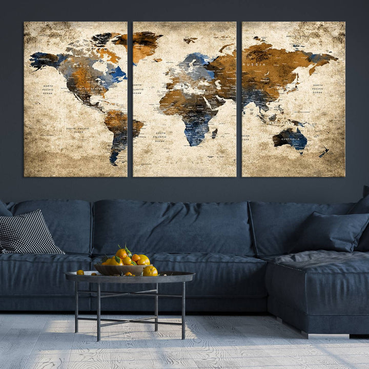 Sephia World Map Wall Art Multi Panel X-Large Canvas Print for Home Decor