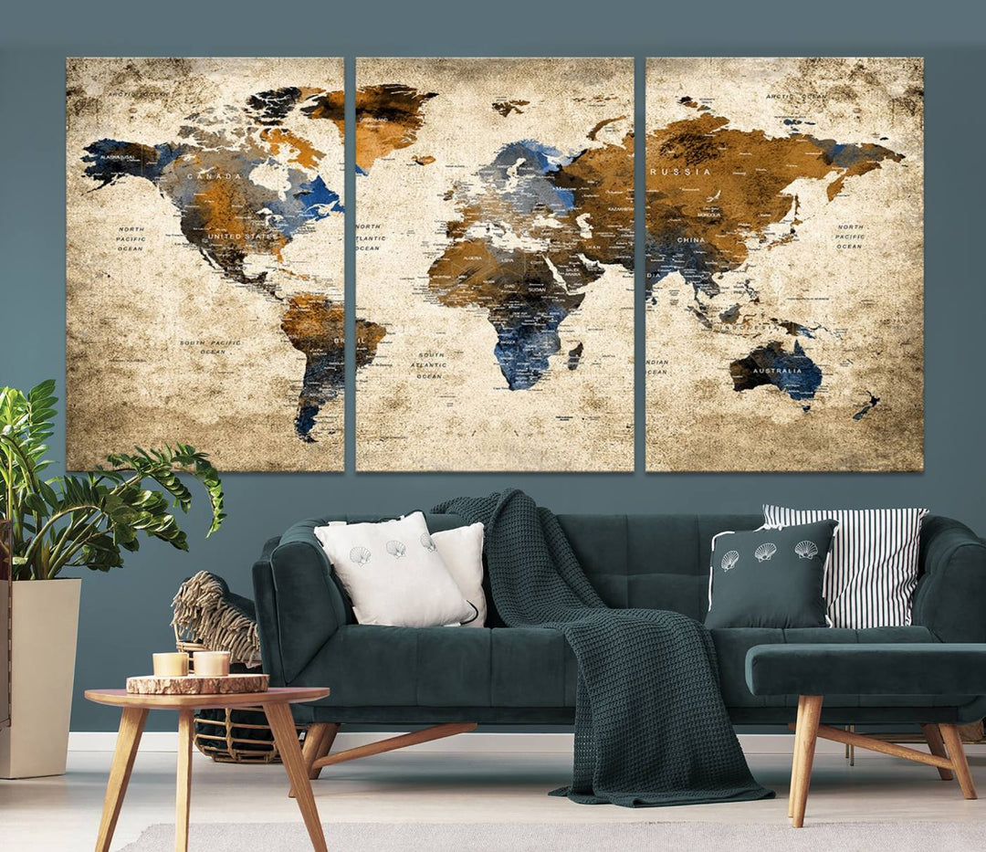 Sephia World Map Wall Art Multi Panel X-Large Canvas Print for Home Decor