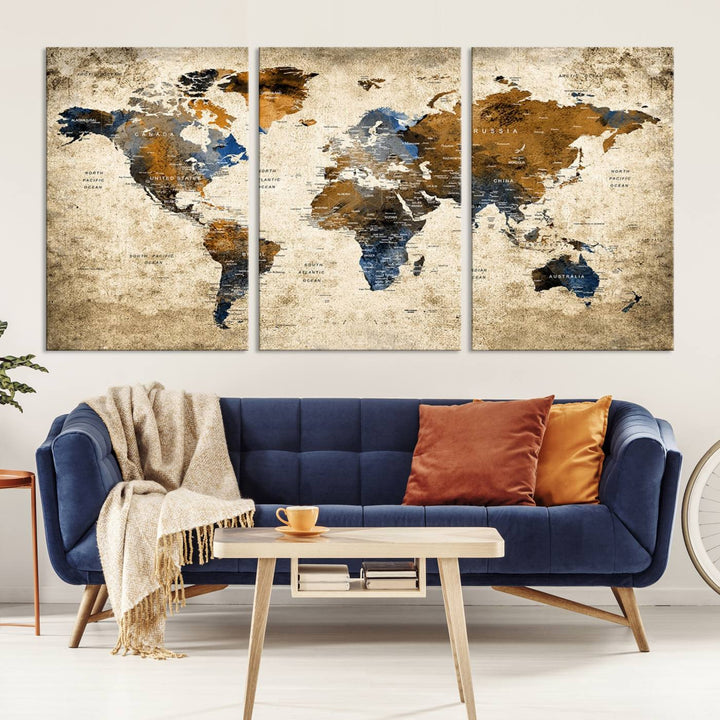 Sephia World Map Wall Art Multi Panel X-Large Canvas Print for Home Decor