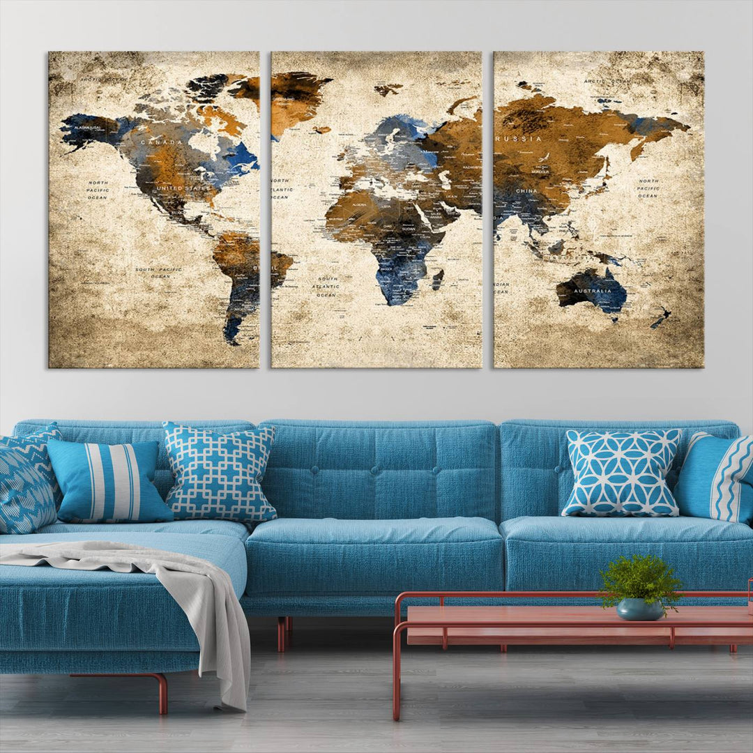 Sephia World Map Wall Art Multi Panel X-Large Canvas Print for Home Decor