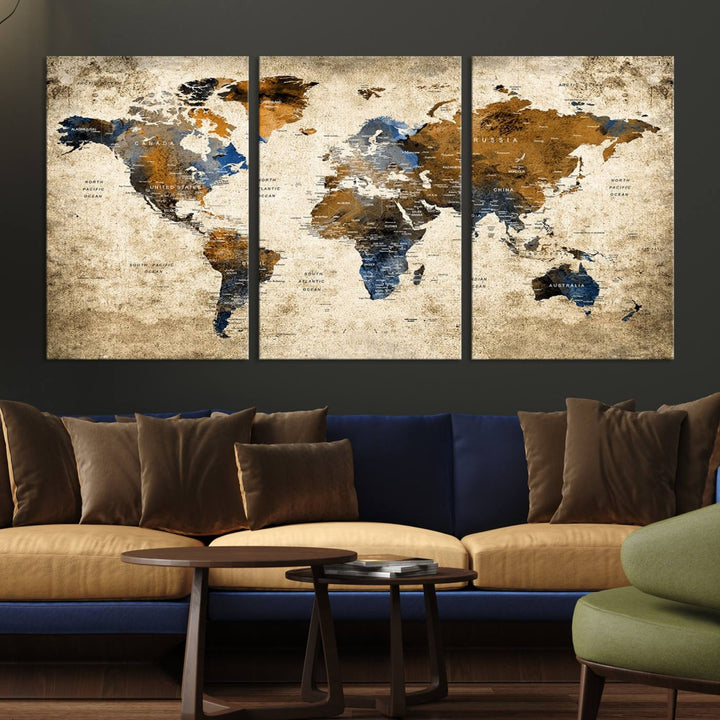 Sephia World Map Wall Art Multi Panel X-Large Canvas Print for Home Decor