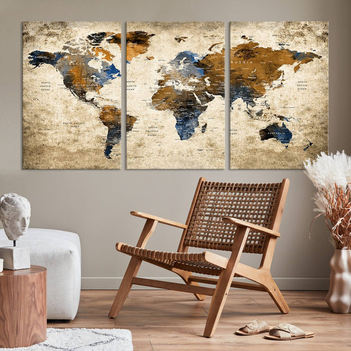 Sephia World Map Wall Art Multi Panel X-Large Canvas Print for Home Decor