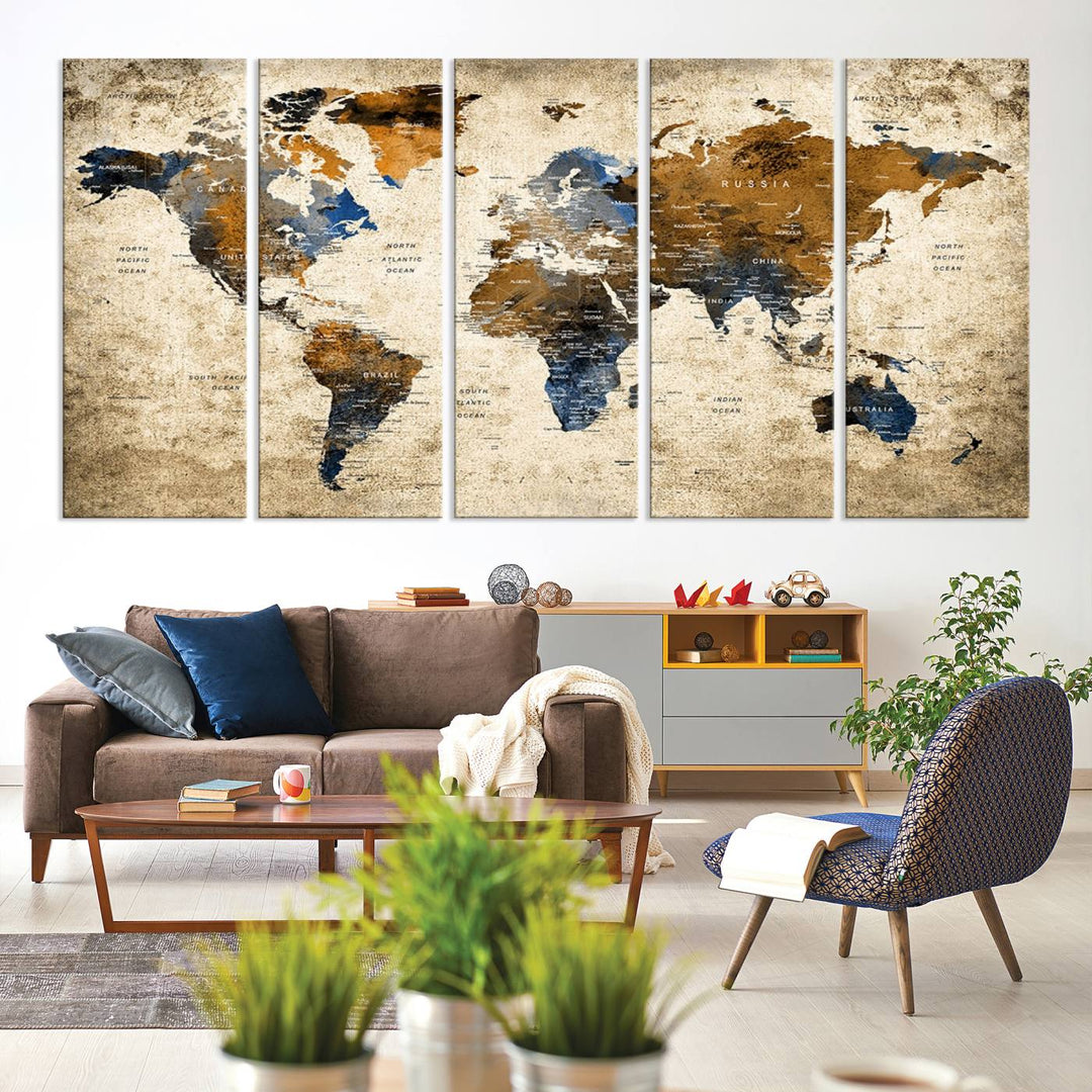 Sephia World Map Wall Art Multi Panel X-Large Canvas Print for Home Decor