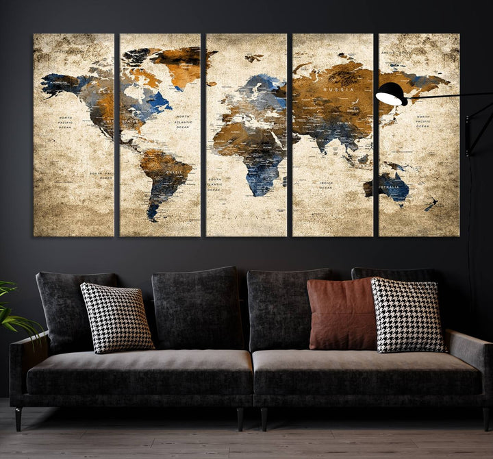 Sephia World Map Wall Art Multi Panel X-Large Canvas Print for Home Decor