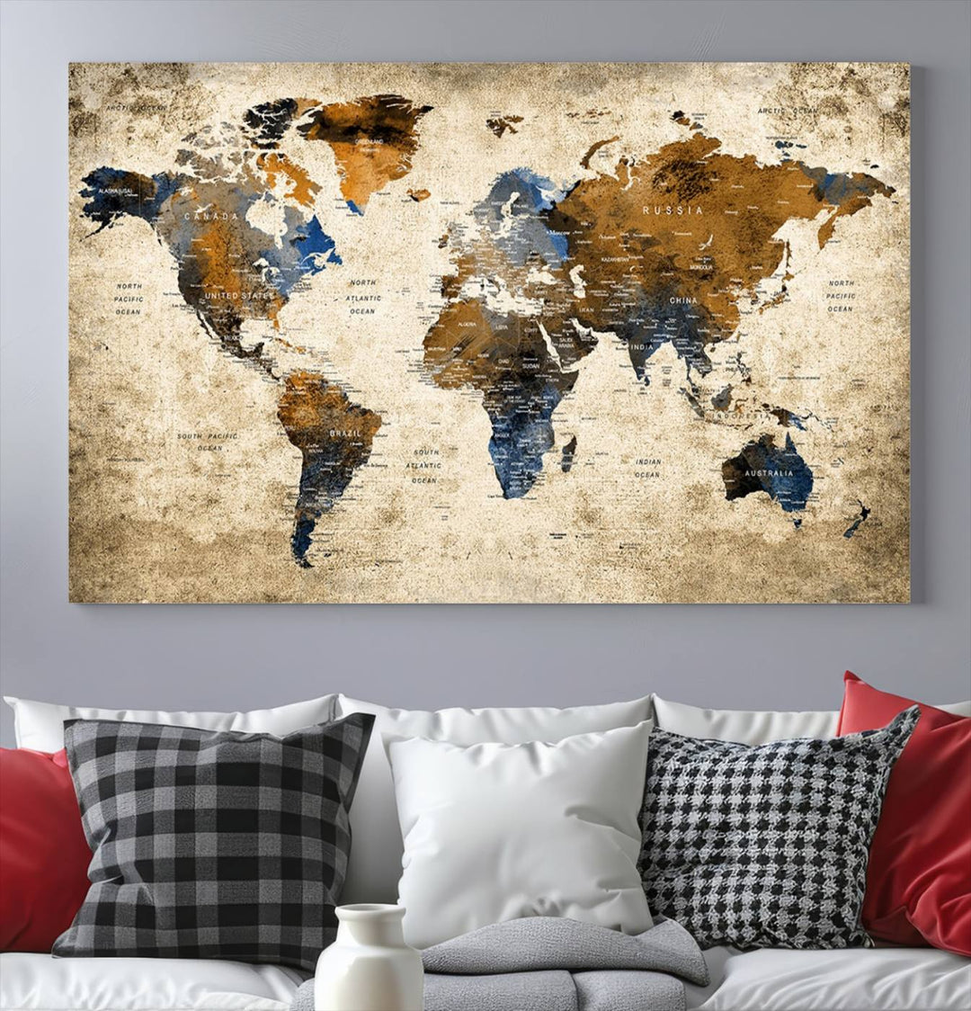 Sephia World Map Wall Art Multi Panel X-Large Canvas Print for Home Decor