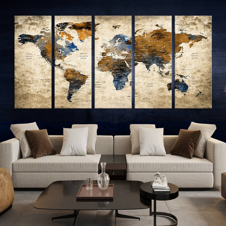 Sephia World Map Wall Art Multi Panel X-Large Canvas Print for Home Decor