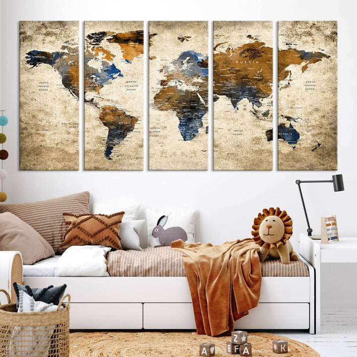 Sephia World Map Wall Art Multi Panel X-Large Canvas Print for Home Decor