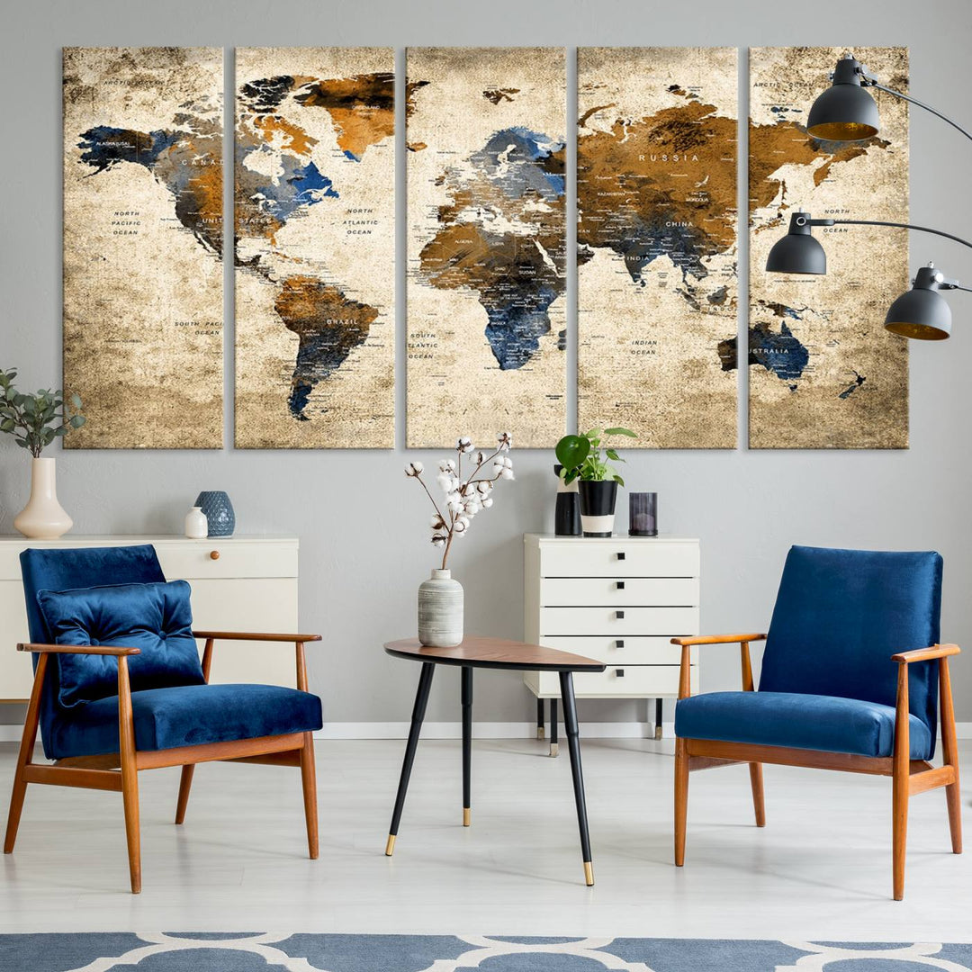 Sephia World Map Wall Art Multi Panel X-Large Canvas Print for Home Decor