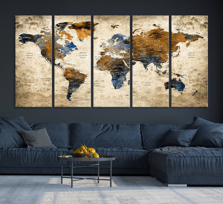 Sephia World Map Wall Art Multi Panel X-Large Canvas Print for Home Decor