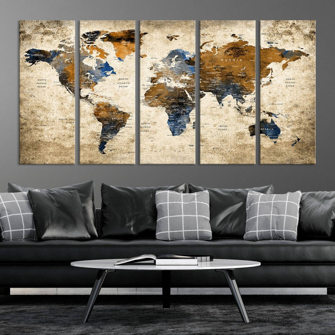 Sephia World Map Wall Art Multi Panel X-Large Canvas Print for Home Decor