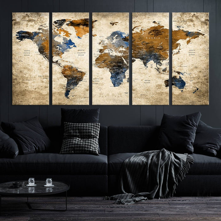 Sephia World Map Wall Art Multi Panel X-Large Canvas Print for Home Decor