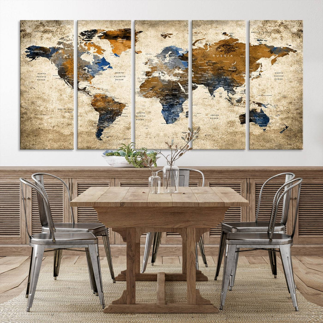 Sephia World Map Wall Art Multi Panel X-Large Canvas Print for Home Decor