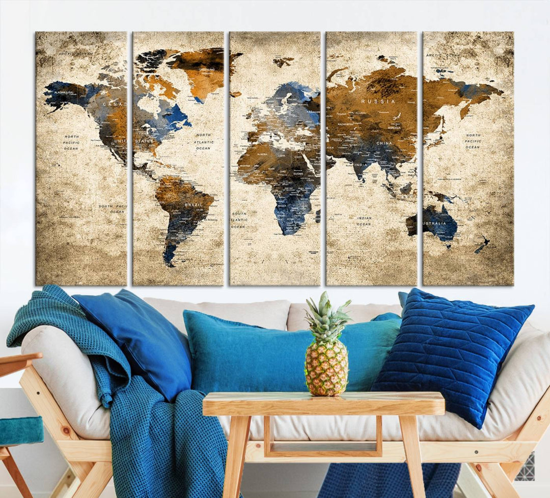 Sephia World Map Wall Art Multi Panel X-Large Canvas Print for Home Decor