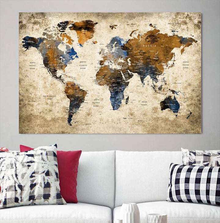 Sephia World Map Wall Art Multi Panel X-Large Canvas Print for Home Decor