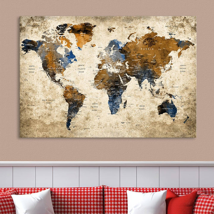 Sephia World Map Wall Art Multi Panel X-Large Canvas Print for Home Decor