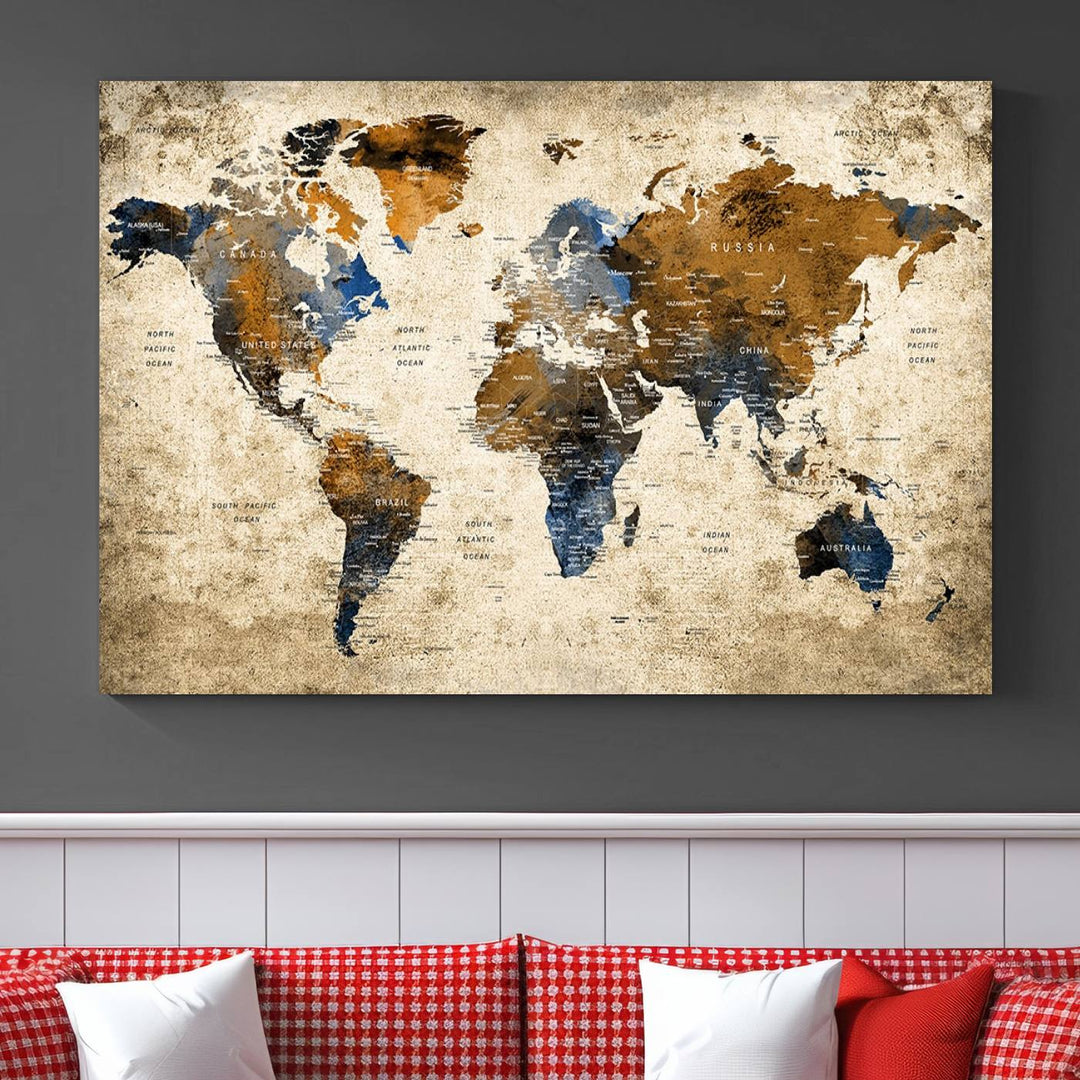 Sephia World Map Wall Art Multi Panel X-Large Canvas Print for Home Decor