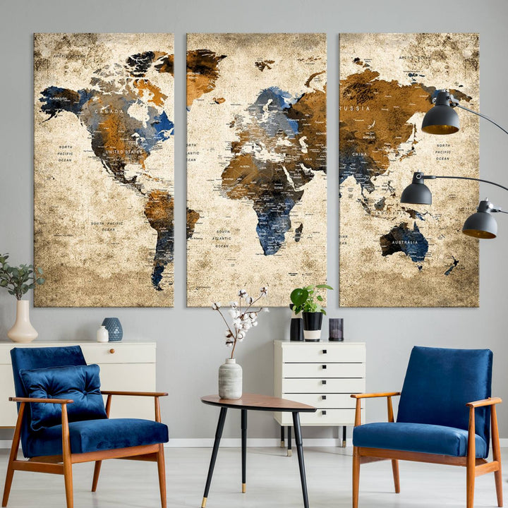 Sephia World Map Wall Art Multi Panel X-Large Canvas Print for Home Decor