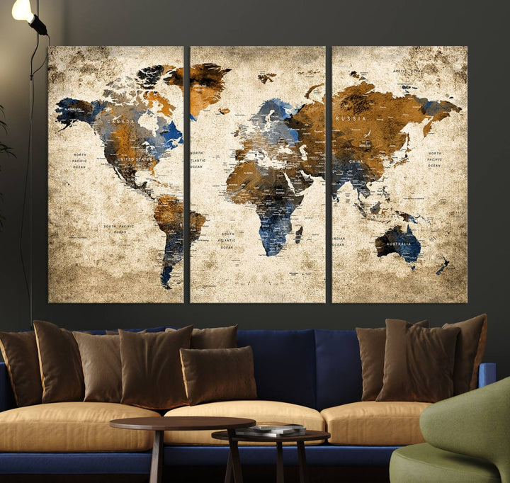 Sephia World Map Wall Art Multi Panel X-Large Canvas Print for Home Decor