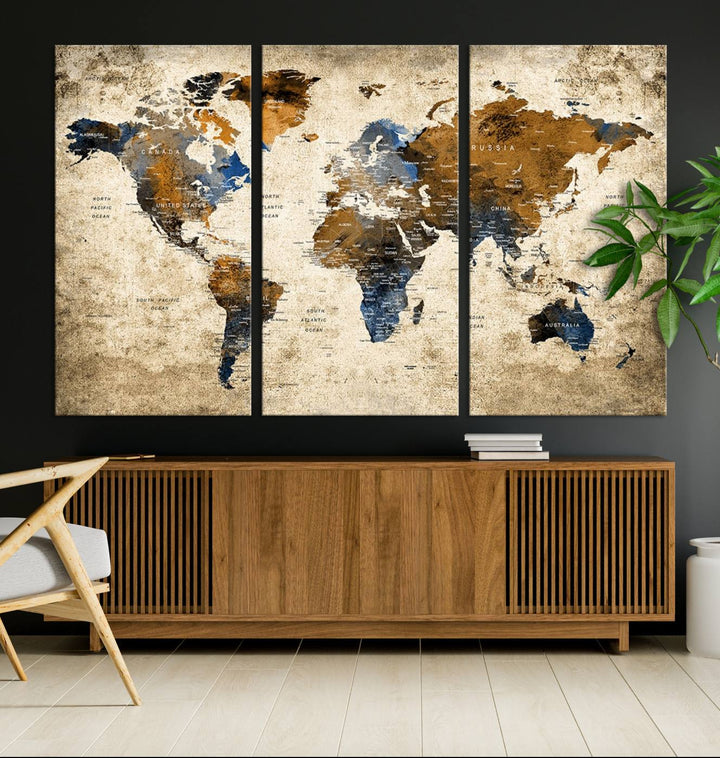 Sephia World Map Wall Art Multi Panel X-Large Canvas Print for Home Decor