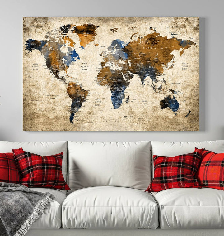 Sephia World Map Wall Art Multi Panel X-Large Canvas Print for Home Decor