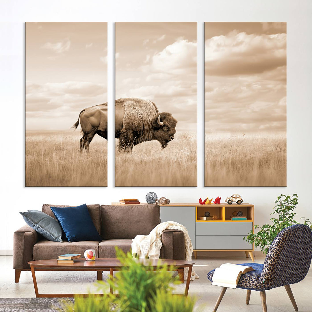 Sepia American Bison Wall Art Print for Farmhouse Wall Decor, Western Canvas Print