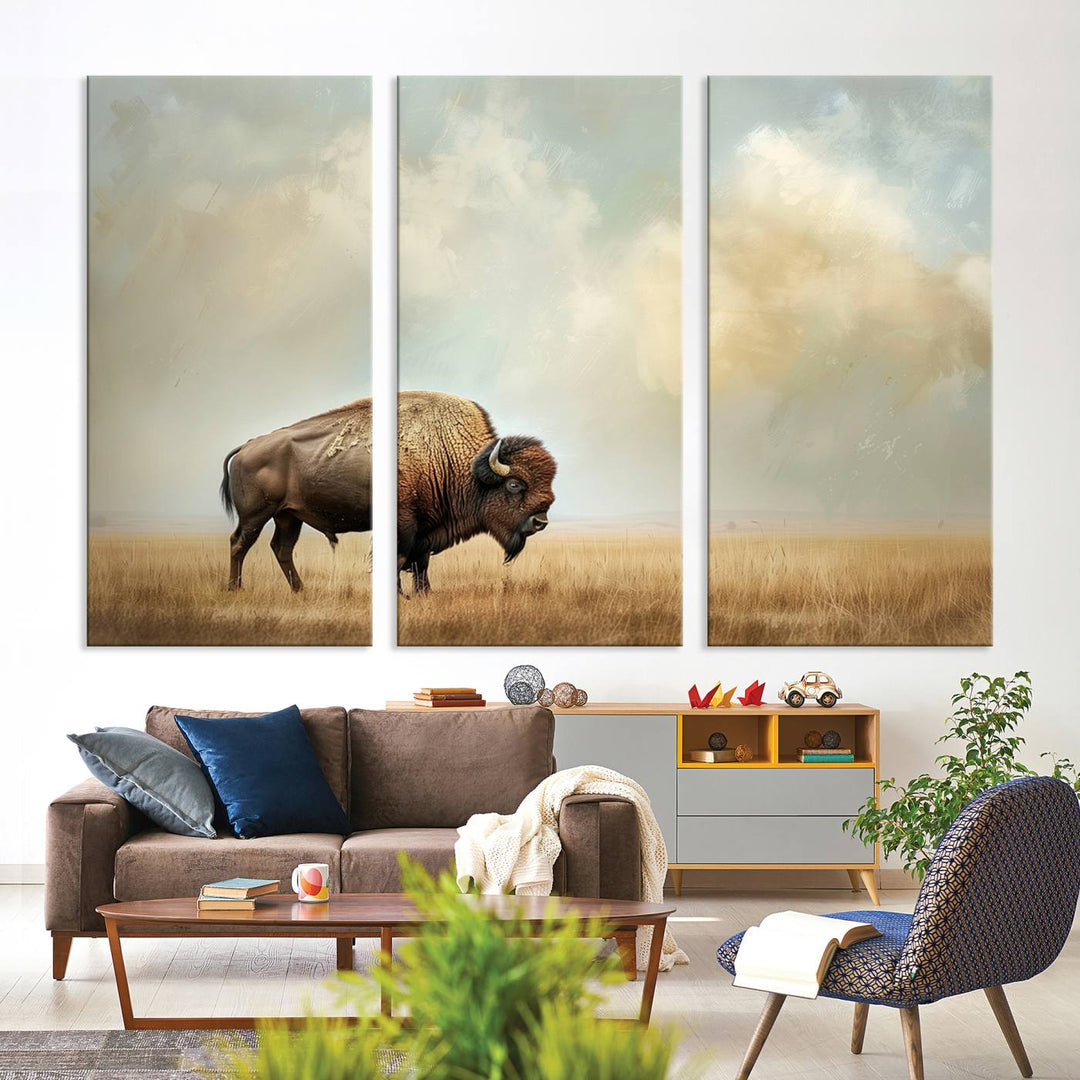 Sepia American Bison Wall Art Print for Farmhouse Wall Decor, Western Canvas Print