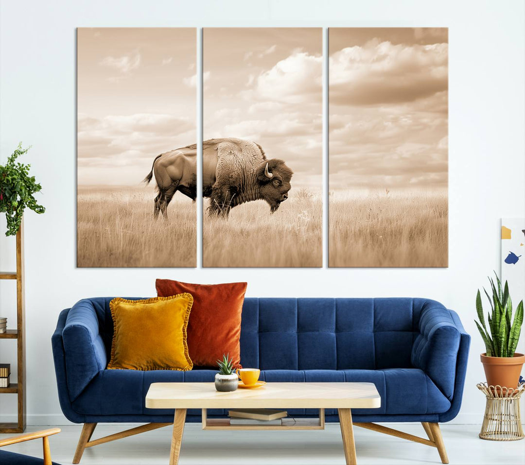 Sepia American Bison Wall Art Print for Farmhouse Wall Decor, Western Canvas Print