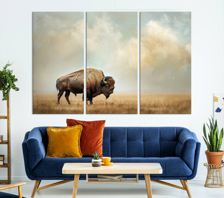 Sepia American Bison Wall Art Print for Farmhouse Wall Decor, Western Canvas Print