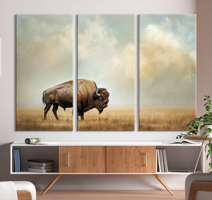 Sepia American Bison Wall Art Print for Farmhouse Wall Decor, Western Canvas Print