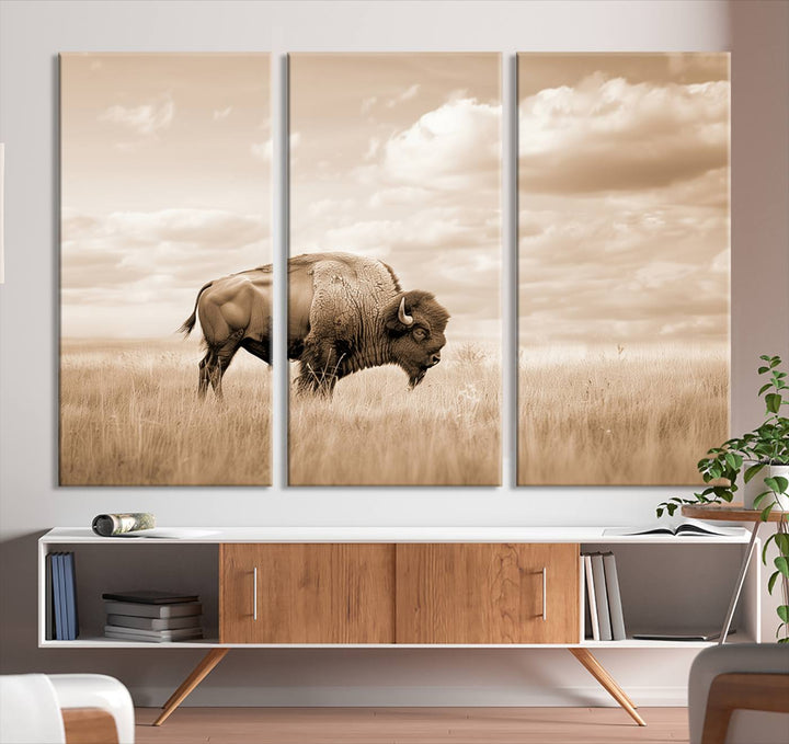 Sepia American Bison Wall Art Print for Farmhouse Wall Decor, Western Canvas Print