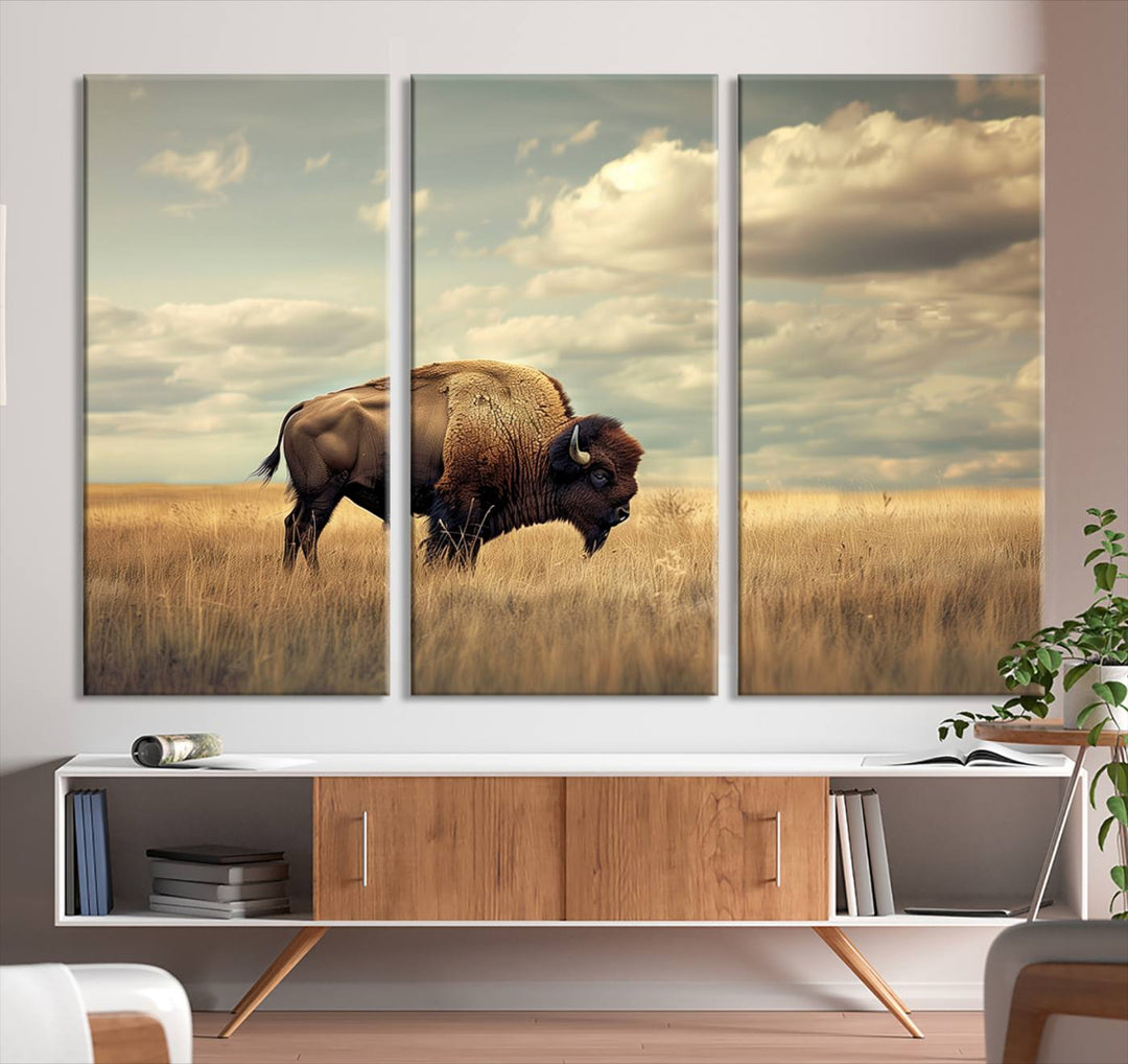 Sepia American Bison Wall Art Print for Farmhouse Wall Decor, Western Canvas Print