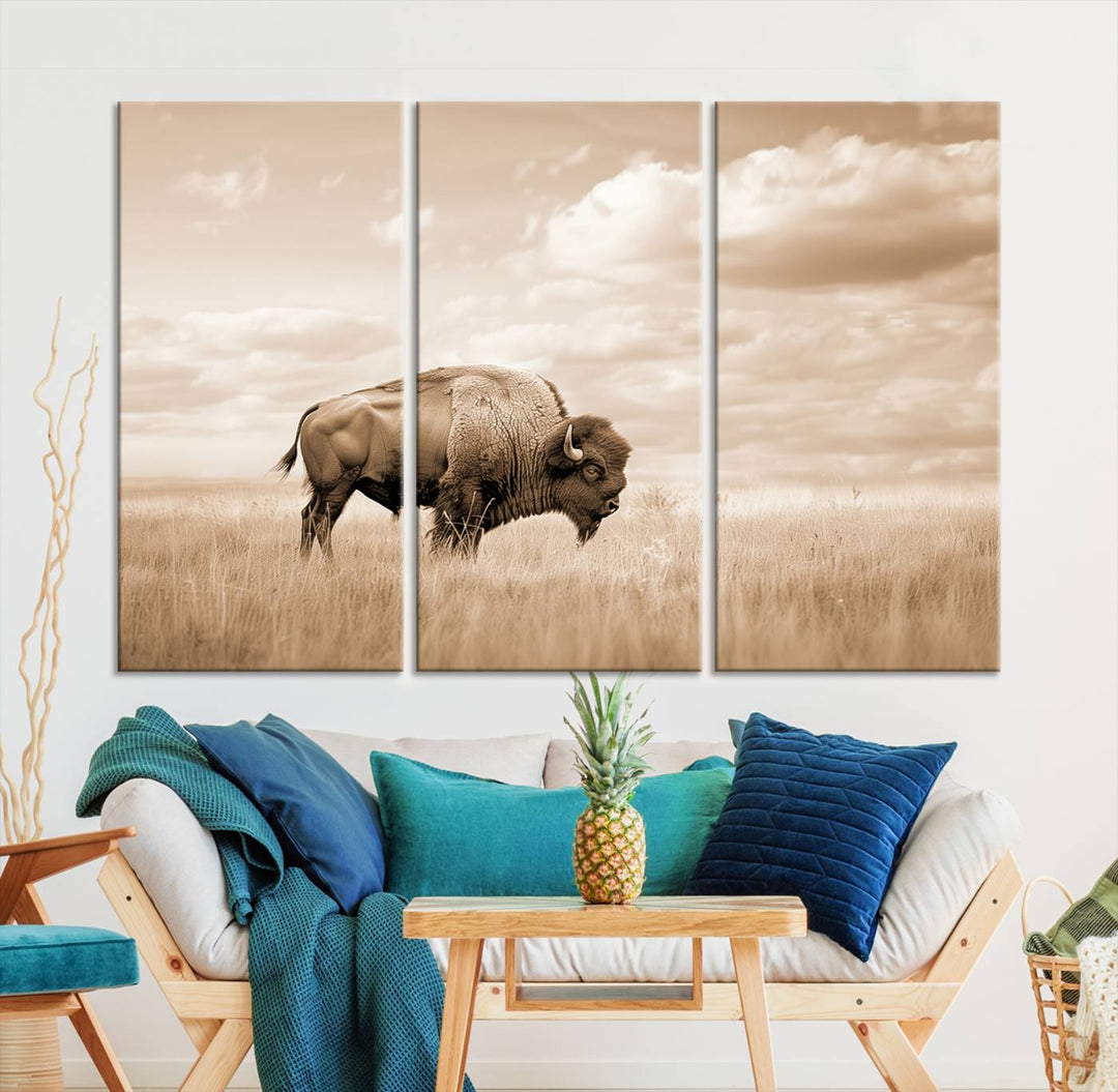 Sepia American Bison Wall Art Print for Farmhouse Wall Decor, Western Canvas Print