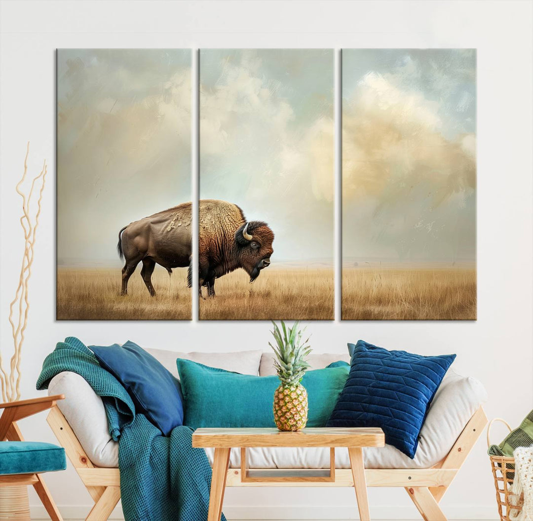 Sepia American Bison Wall Art Print for Farmhouse Wall Decor, Western Canvas Print