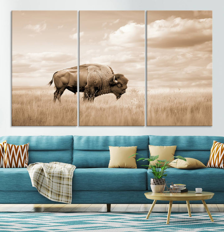 Sepia American Bison Wall Art Print for Farmhouse Wall Decor, Western Canvas Print