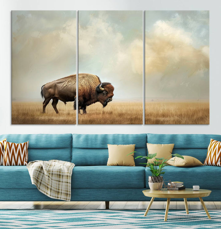 Sepia American Bison Wall Art Print for Farmhouse Wall Decor, Western Canvas Print