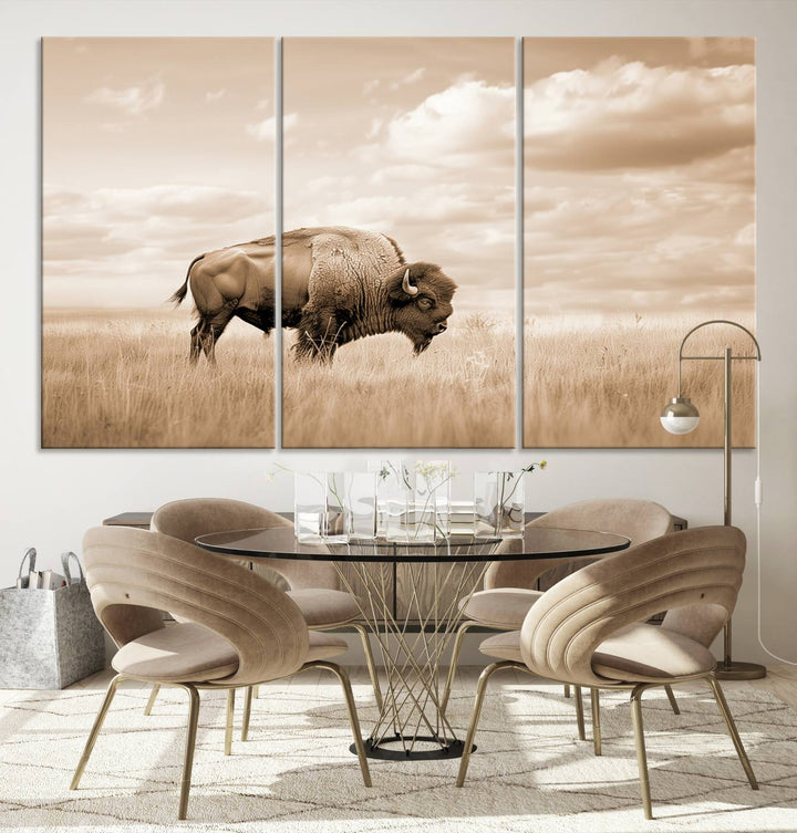 Sepia American Bison Wall Art Print for Farmhouse Wall Decor, Western Canvas Print