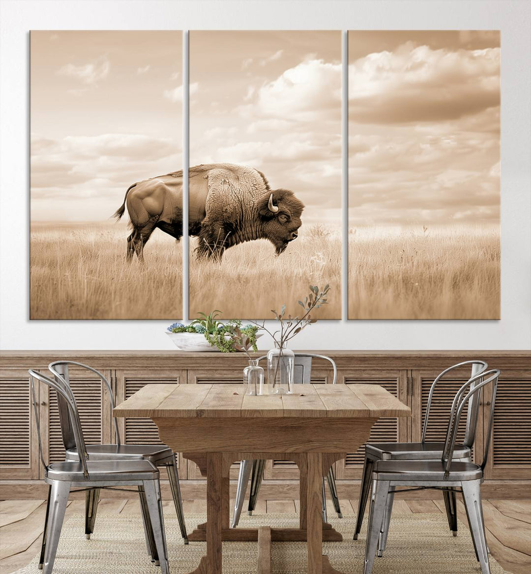 Sepia American Bison Wall Art Print for Farmhouse Wall Decor, Western Canvas Print